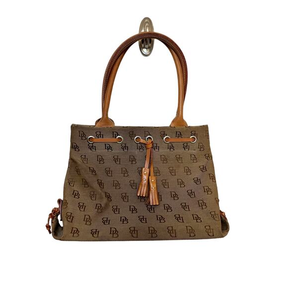 Dooney & Bourke Bag Small Tulip Tassel Taupe and Brown Canvas Leather Tote - Picture 1 of 7